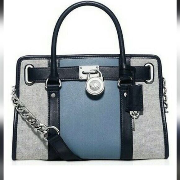 MK Michael Kors CENTER STRIPE COLOR BLOCK BLUE EAST WEST Hamilton SATCHEL PURSE - Picture 2 of 6